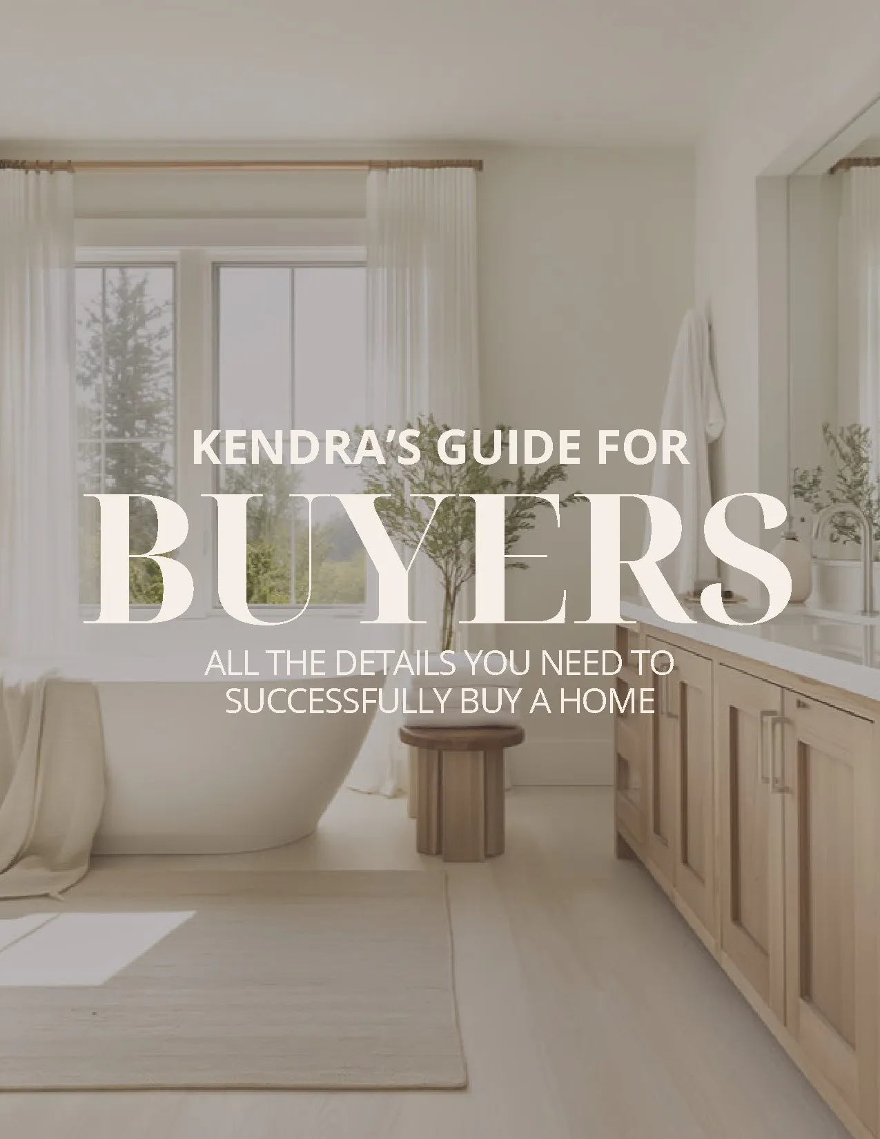 Cover of Kendra's Guide for Buyers, a free Northwest Arkansas home buyer's guide, showing a bright bathroom with a freestanding tub
