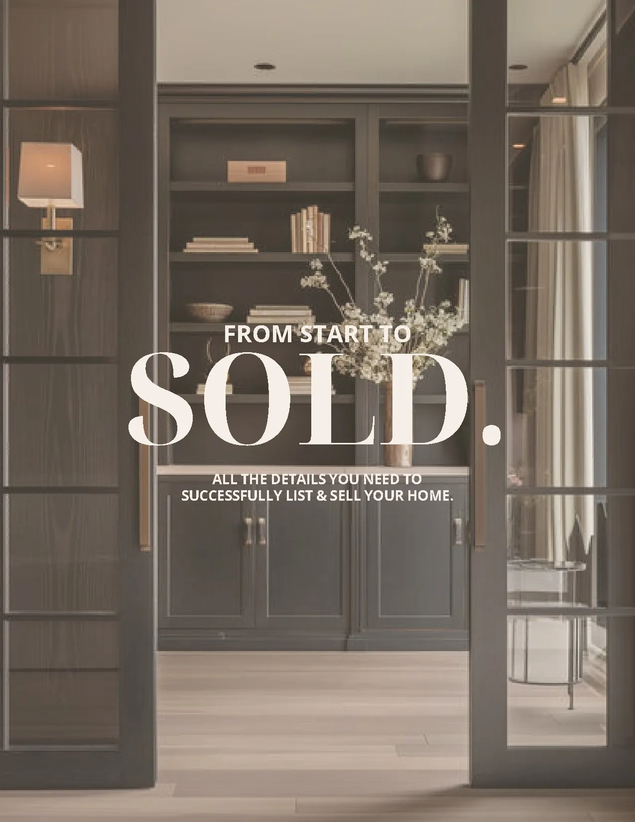 Cover of From Start to Sold, Kendra's free Northwest Arkansas home seller's guide, showing built-in shelves through open glass doors